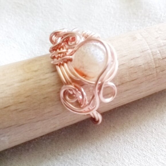Honey + Tan Frosted Dragonvein Agate + Copper Wire Wrap Ring - Generous Size 9 - Picture 7 of 9